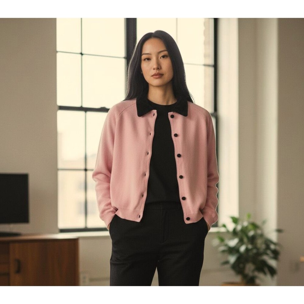 Petite Sophisticate Cardigan Sweater Pink w/ Black Velvet Collar Buttons Size L